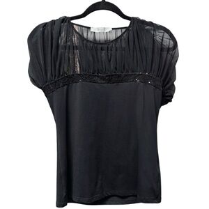 Anne Fontaine Black Sheer Pleated Yoke Short Sleeve Top